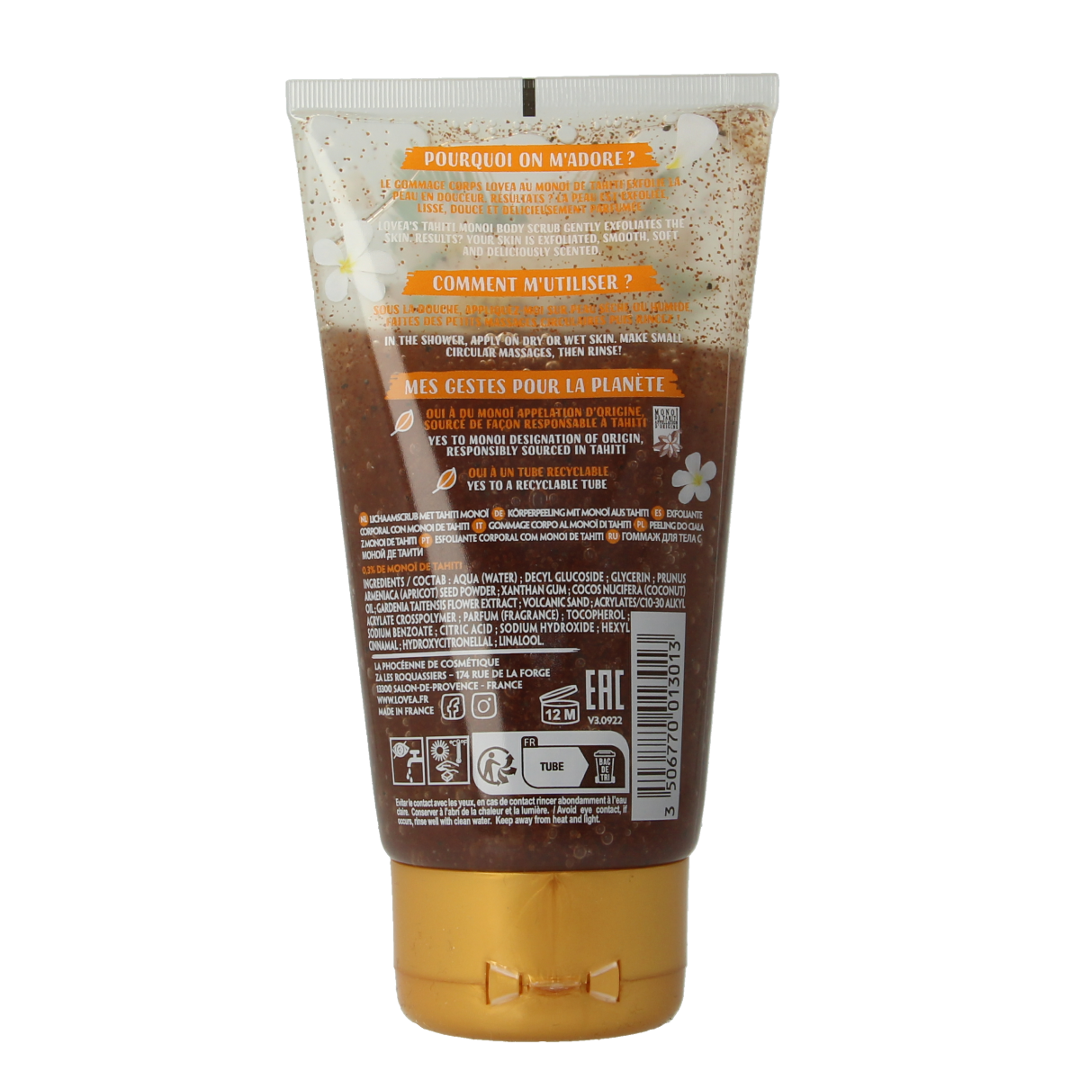 Lovea Tahiti Monoi bodyscrub for very dry skin in 150ml container, natural body care product with exfoliating properties.