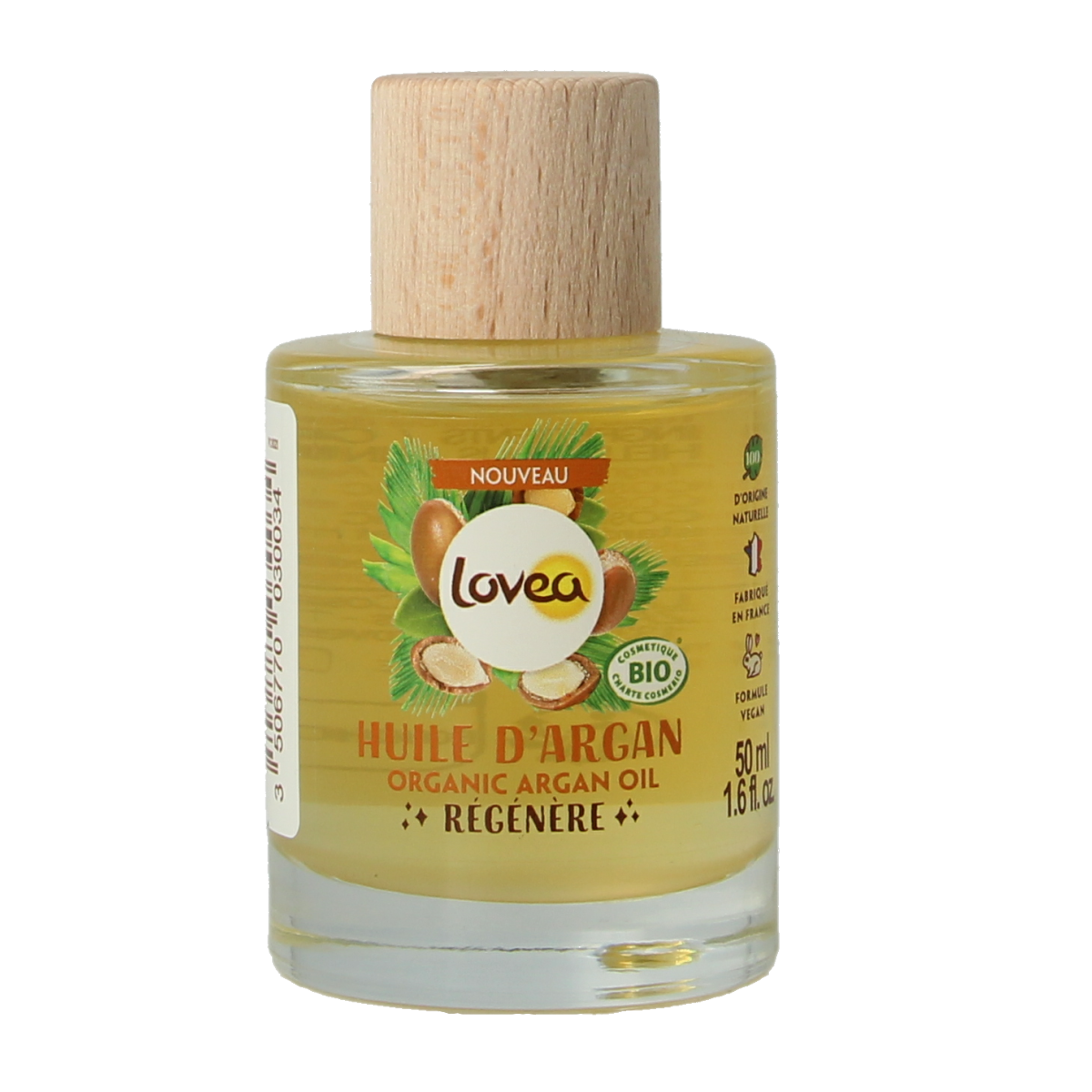Lovea organic argan oil bottle for body care, 50ml, with a clear label and golden oil inside.