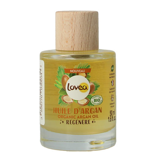 Lovea organic argan oil bottle for body care, 50ml, with a clear label and golden oil inside.