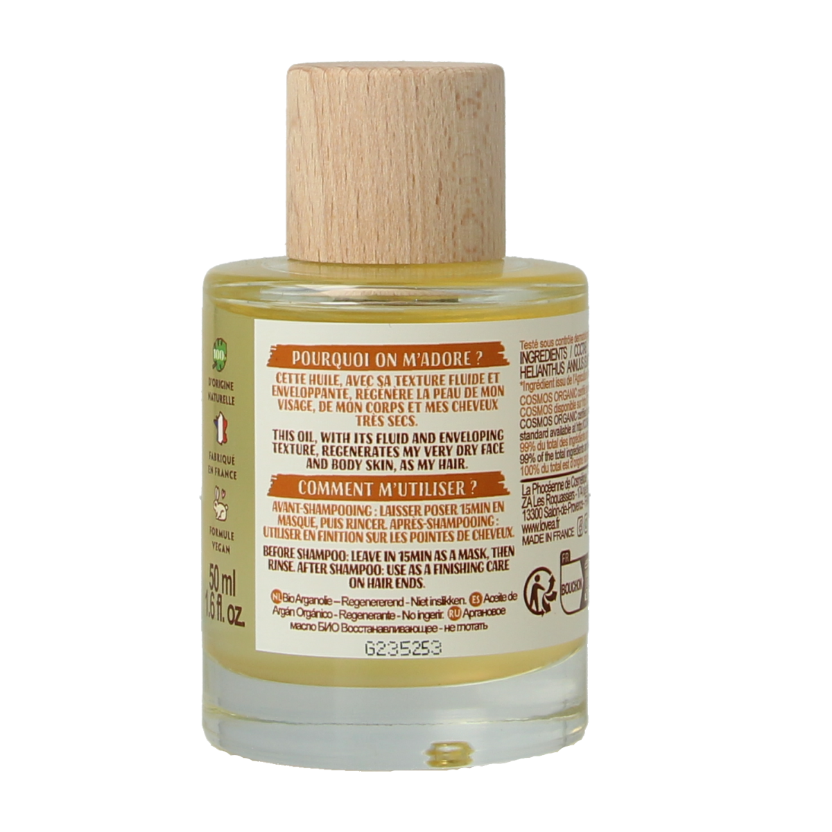 Lovea organic argan oil bottle for body care, 50ml, with a clear label and pump dispenser, on a plain background.