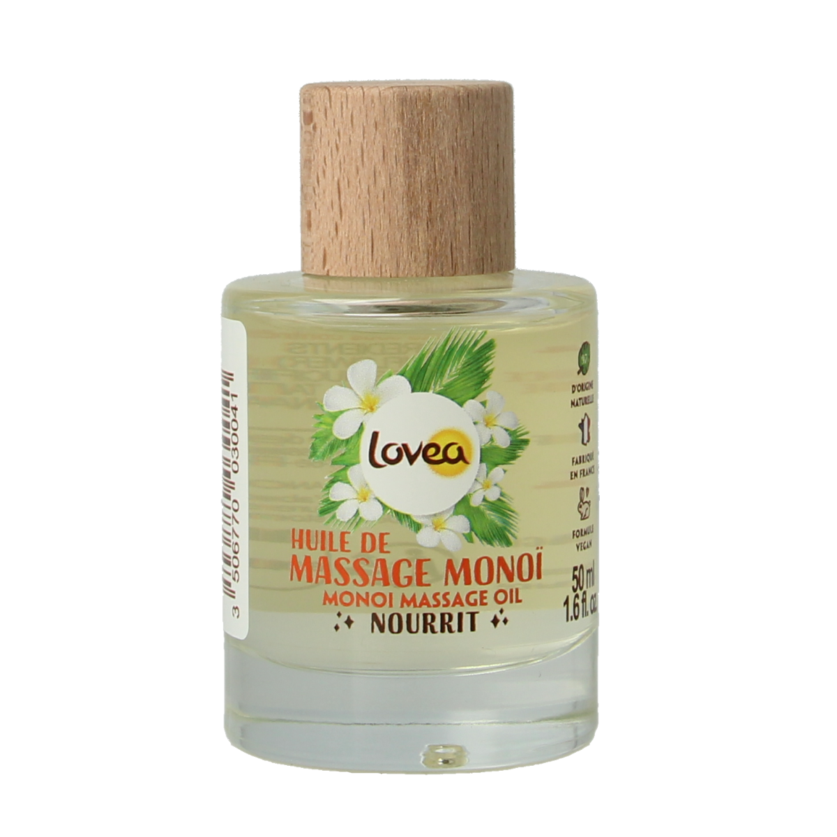 Lovea Monoi nourishing massage oil in 50ml bottle, natural body care product with floral fragrance, ideal for skin nourishment.