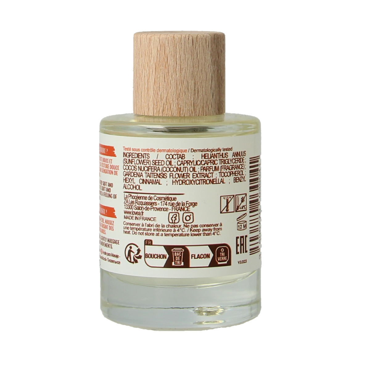 Lovea Monoi massage oil nourishing 50ml bottle, natural body care product with tropical Monoi scent, perfect for relaxing massages.