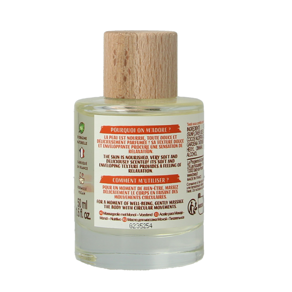 Lovea Monoi massage oil bottle showing nourishing body care product with 50ml volume and tropical Monoi scent.