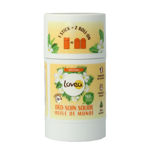 Lovea Solid Deo Care with Monoi Oil in 50g, natural deodorant bar with floral scent and smooth texture.
