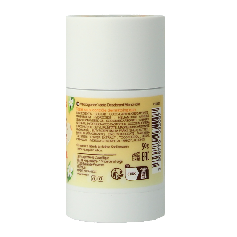 Lovea Solid Deo Care with Monoi Oil in a 50g bar, natural deodorant featuring floral scent and moisturizing ingredients.