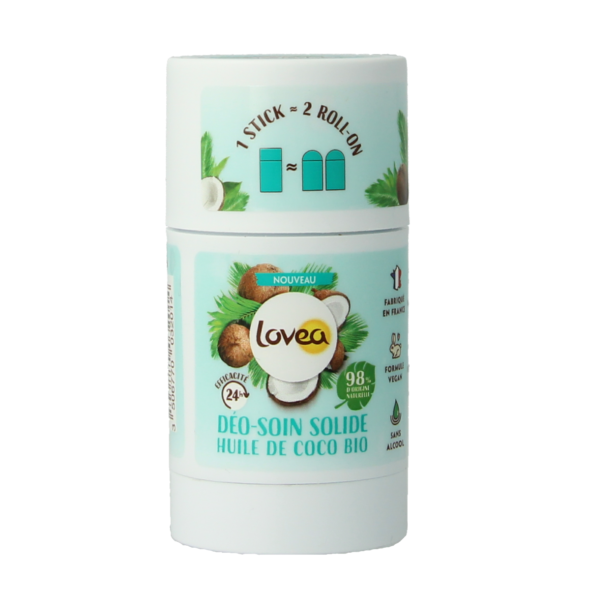 Lovea solid deodorant stick with organic coconut oil, 50 grams, natural deodorant for fresh scent and skin care.