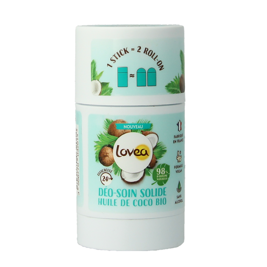 Lovea solid deodorant stick with organic coconut oil, 50 grams, natural deodorant for fresh scent and skin care.