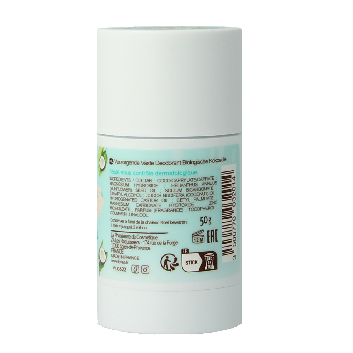 Lovea Solid deodorant with coconut oil, organic formula, 50g, natural deodorant stick for fresh, clean underarms.