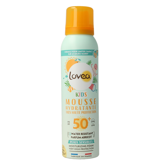 Lovea Mousse Kids SPF50+ high protection sunscreen in 150ml container, gentle sun protection for children.