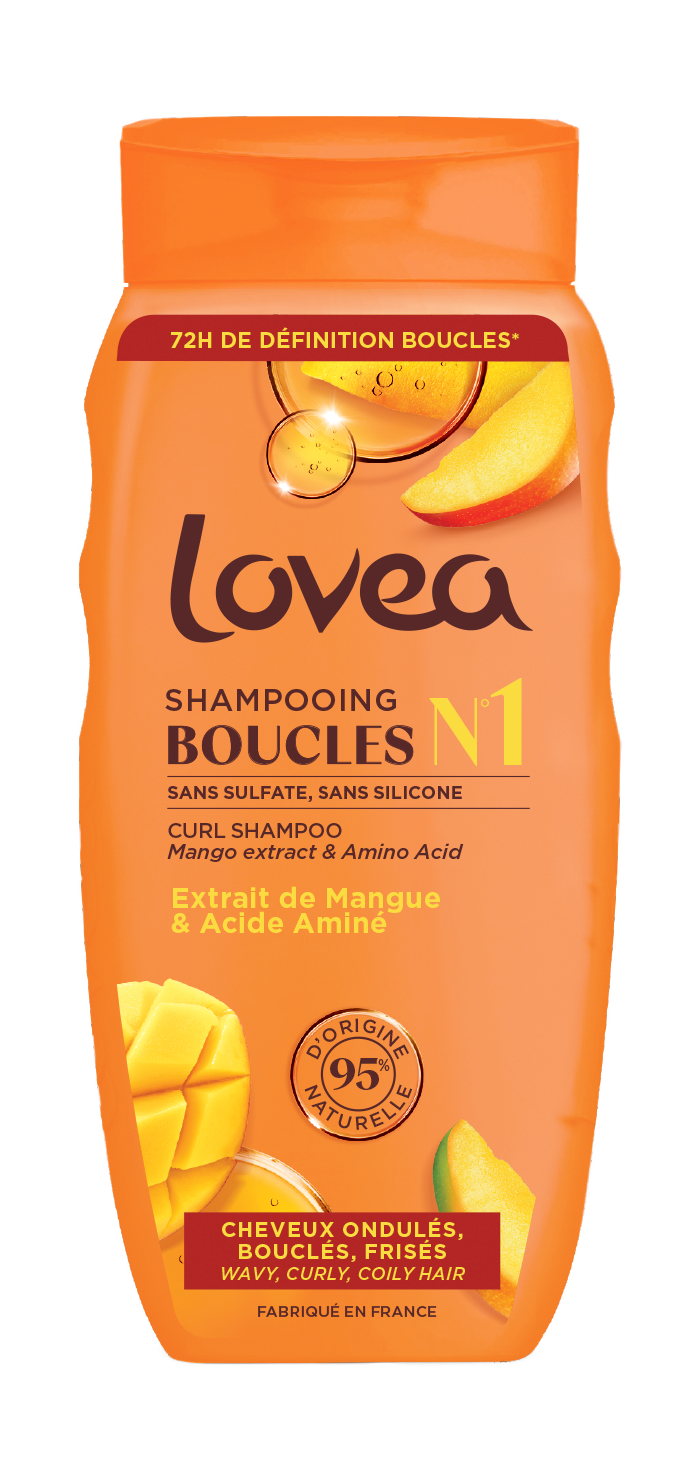 Lovea Curl Shampoo bottle with soft shiny hair, 250ml, for hair care and curly hair nourishment.