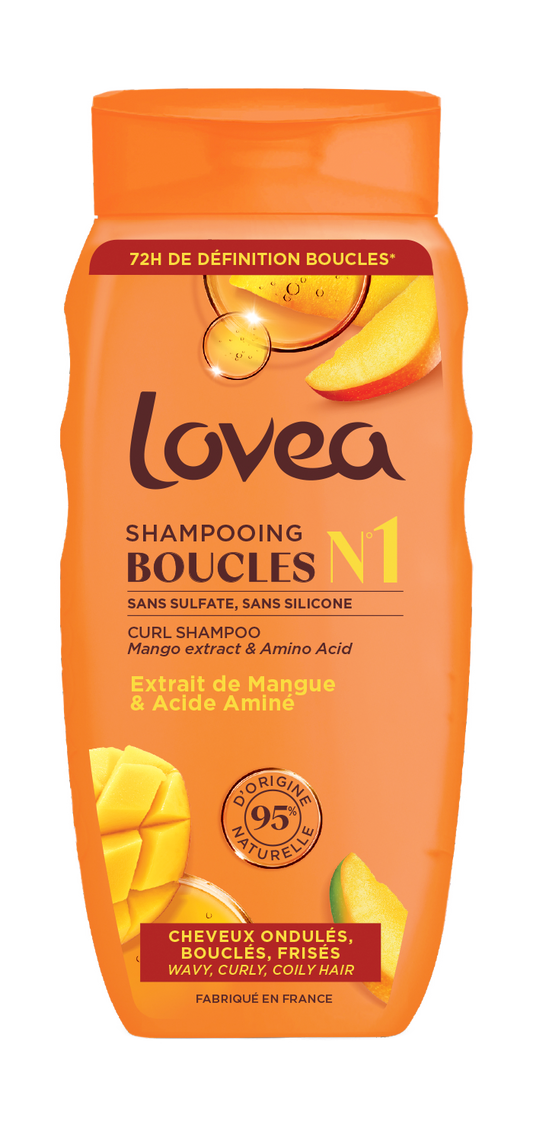 Lovea Curl Shampoo bottle with soft shiny hair, 250ml, for hair care and curly hair nourishment.