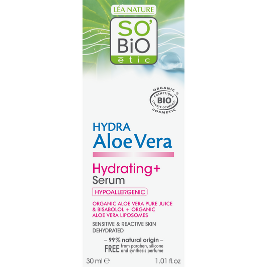 So Bio Etic Aloe Vera serum for body care, 30ml bottle with clear liquid and green label, natural skincare product