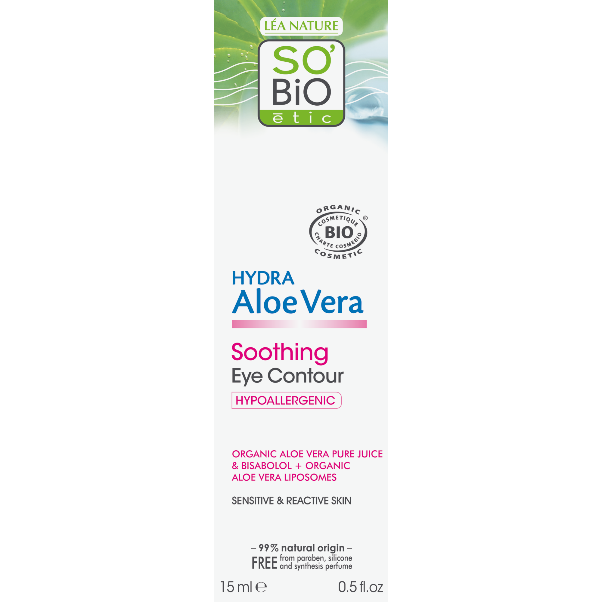 So Bio Etic Aloe Vera eye contour cream in 15ml, natural eye care product with soothing aloe vera for delicate skin.