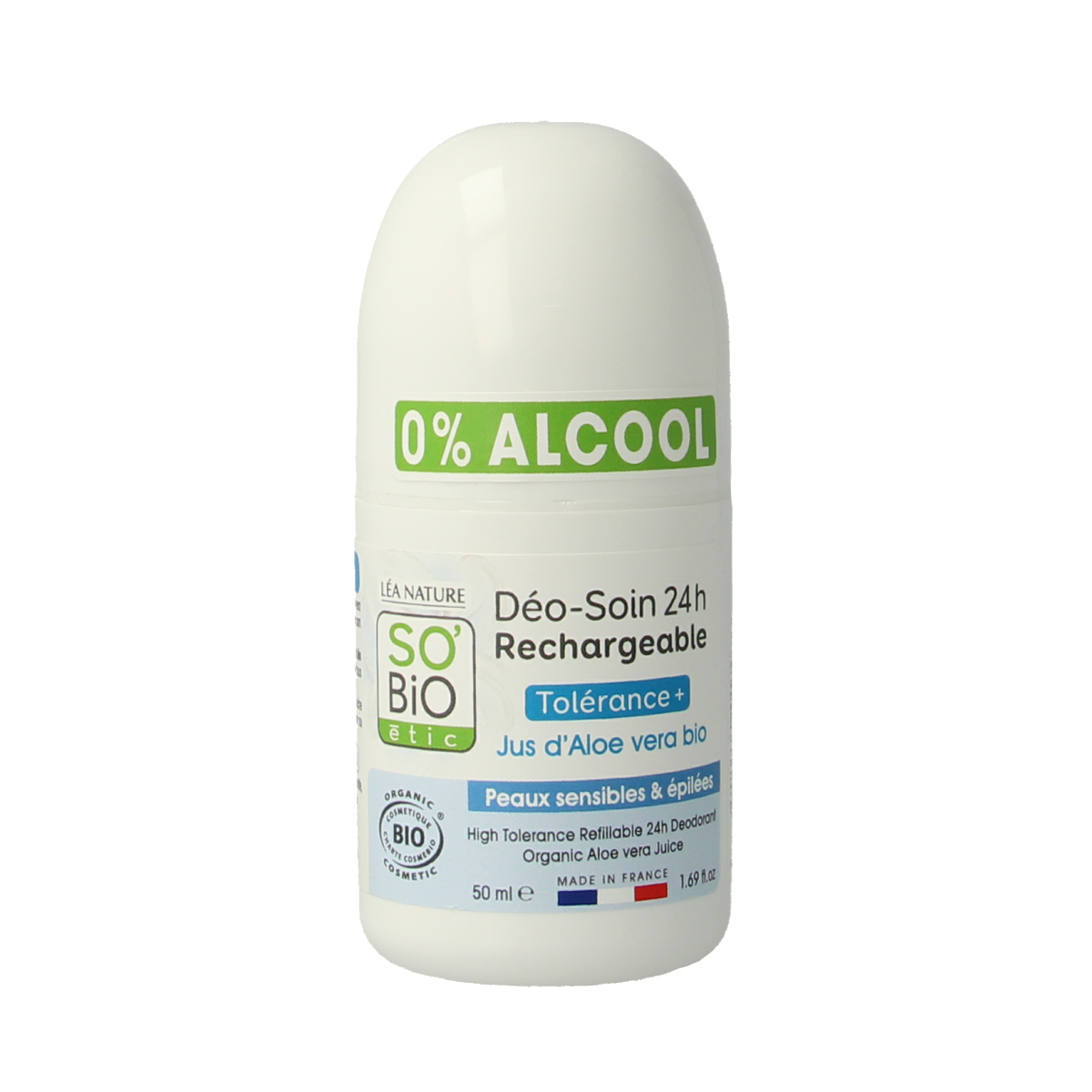 So Bio Etic women’s aloe vera bio deodorant roll-on in a 50ml bottle, natural and gentle deodorant for everyday use.
