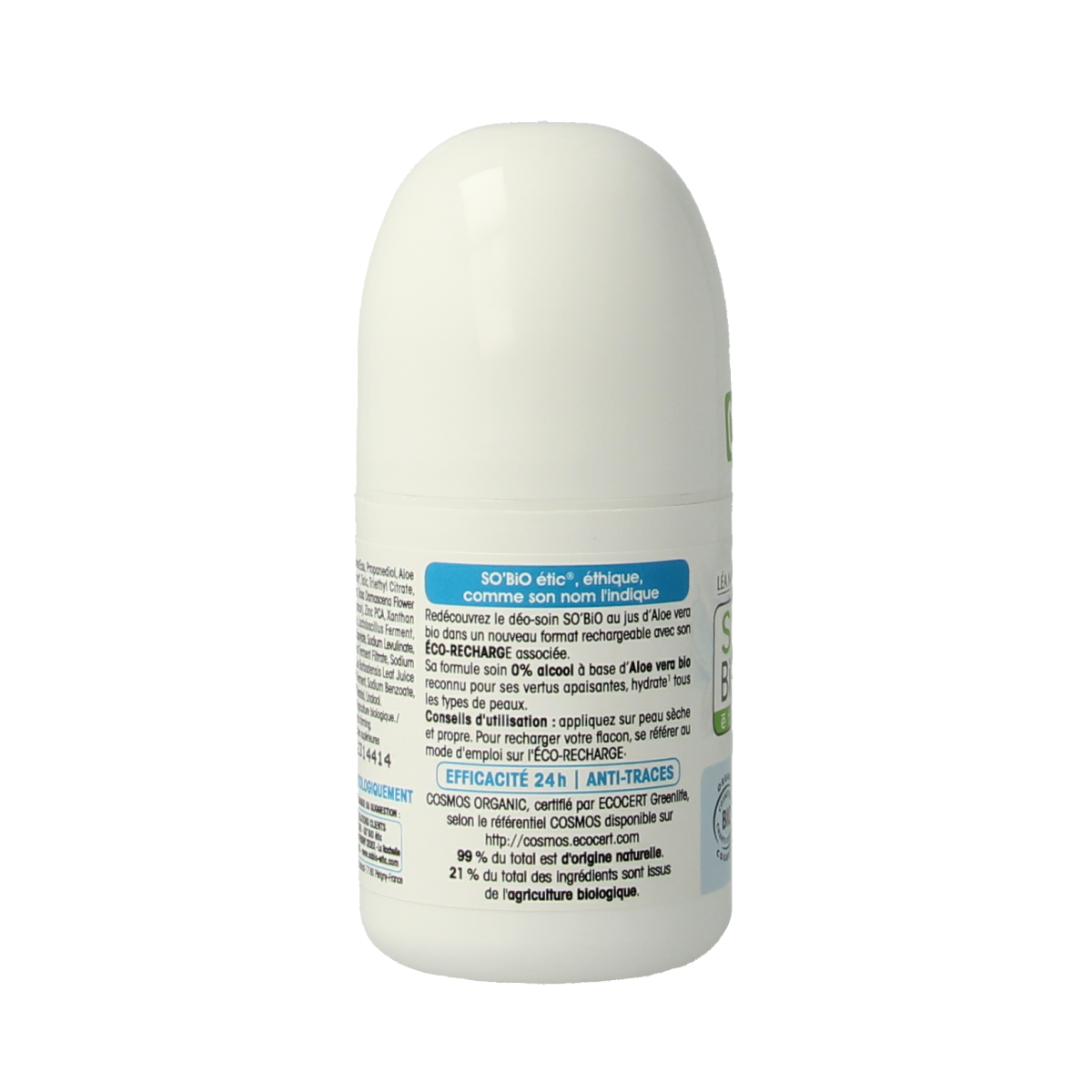 So Bio Etic women’s aloe vera bio deodorant roll-on in a 50ml bottle, natural and gentle for daily use.