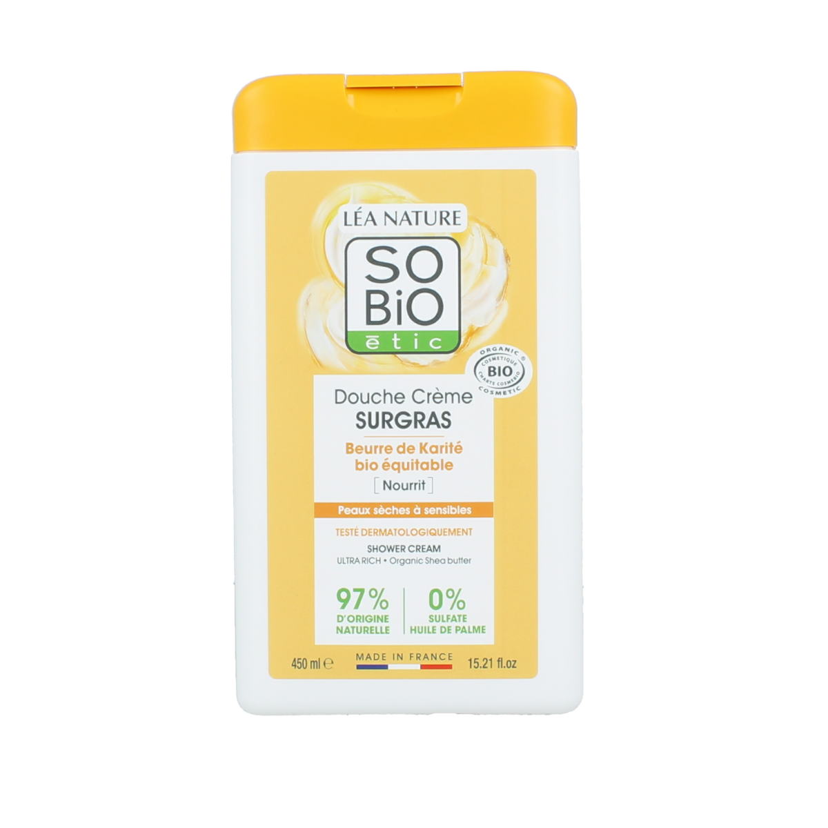 So Bio Etic Ultra Rich Shea Butter Shower Cream in a 450ml bottle, moisturizing bad en douche with creamy texture and Shea butter.
