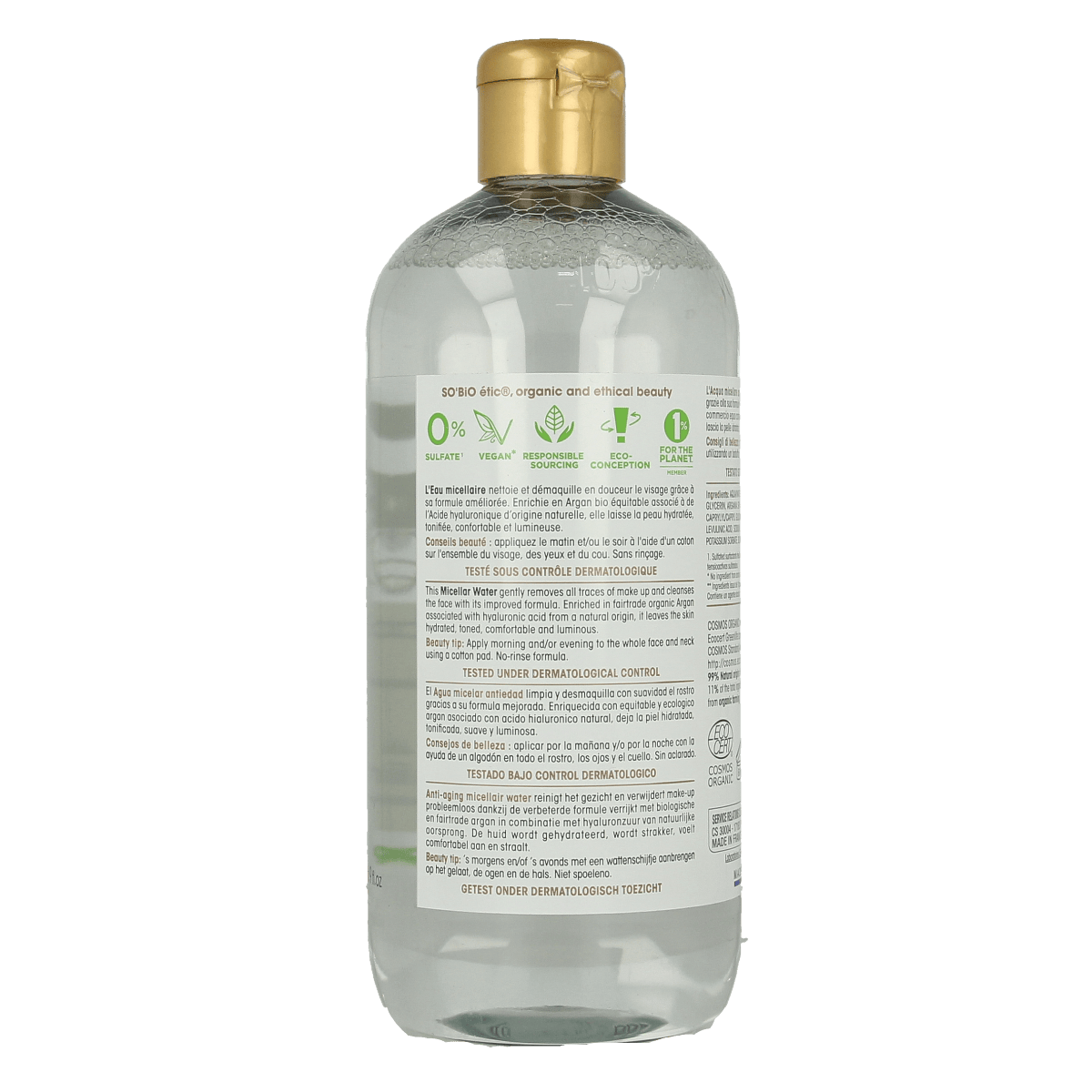 So Bio Etic Argan anti-aging micellar water in a 500ml bottle, facial skincare product with clear liquid and pump dispenser.