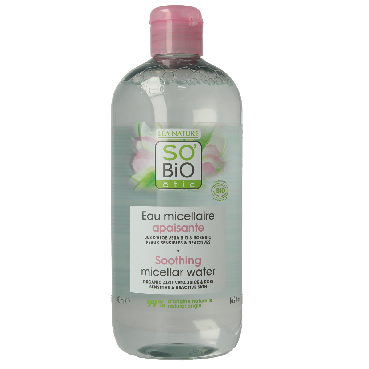 So Bio Etic Hydra aloe vera micellar water bottle for facial skincare, 500ml with clear label and pump dispenser.