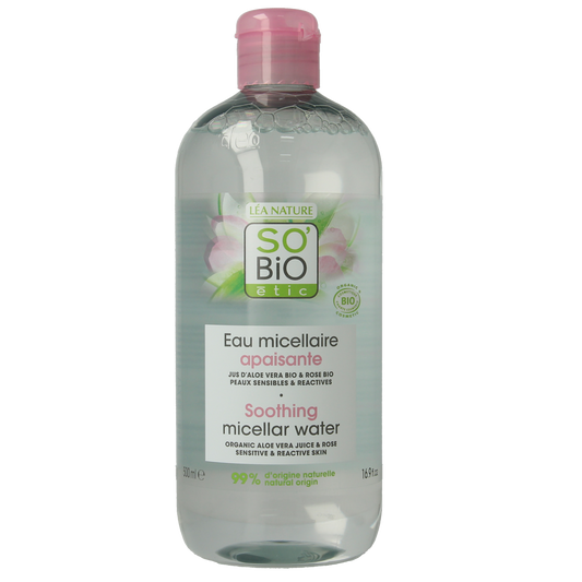 So Bio Etic Hydra aloe vera micellar water bottle for facial skincare, 500ml with clear label and pump dispenser.