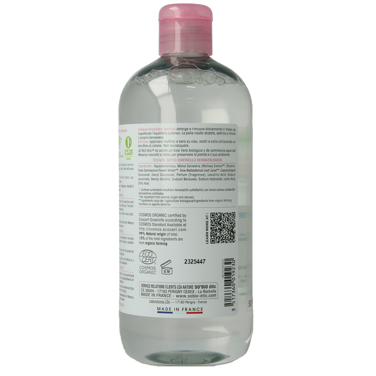 So Bio Etic Hydra aloe vera micellar water in a 500ml bottle, featuring clear liquid and a label with aloe vera imagery.
