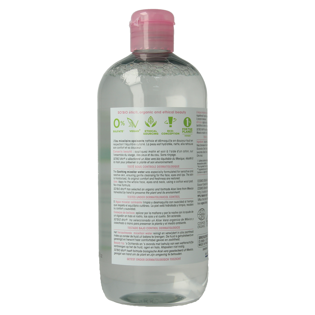 So Bio Etic Hydra Aloe Vera Micellar Water 500ml for facial skincare, clear bottle with label and cap.