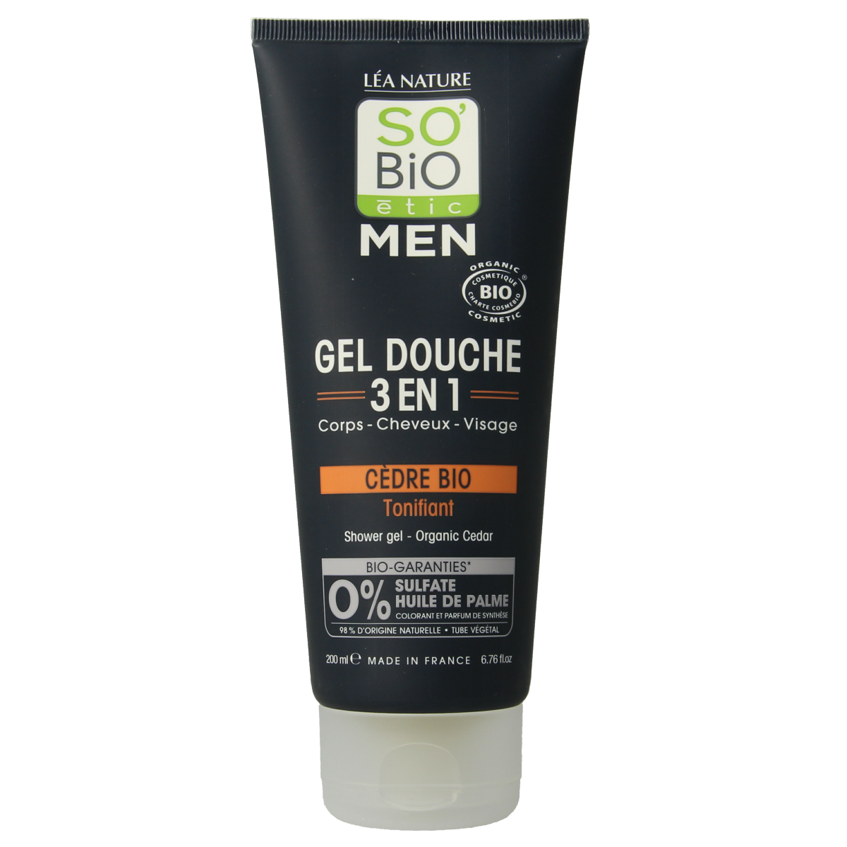 So Bio Etic men's 3-in-1 cedar shower gel, 200ml, in a clear bottle with cedar fragrance and pump dispenser.