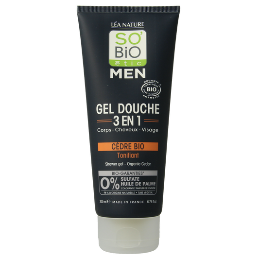 So Bio Etic men's 3-in-1 cedar shower gel, 200ml, in a clear bottle with cedar fragrance and pump dispenser.