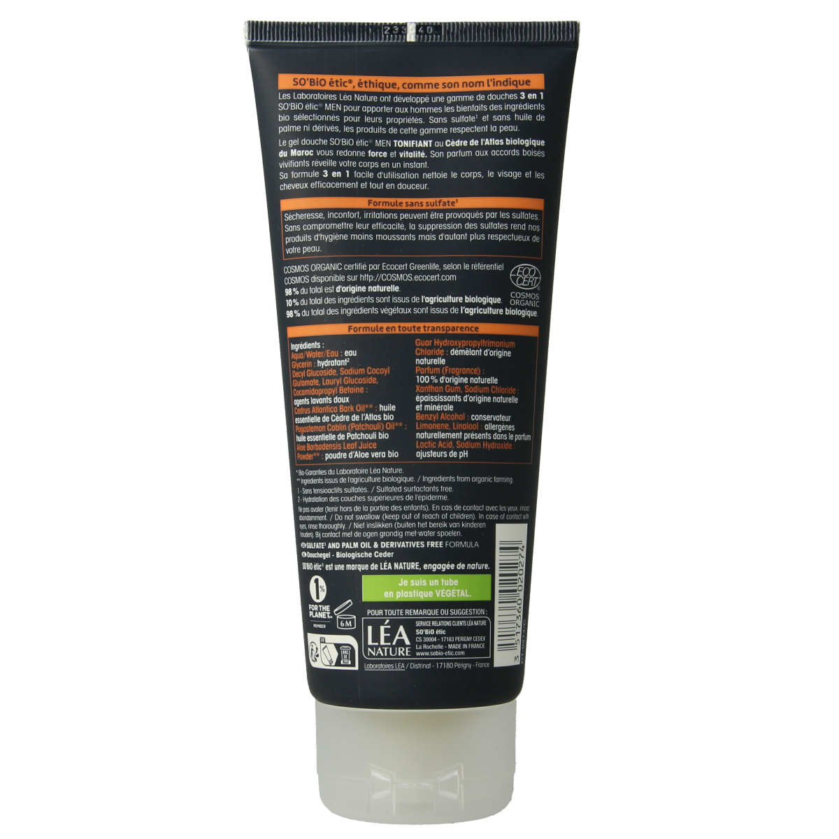 So Bio Etic men's 3-in-1 cedar shower gel in 200ml, featuring a natural, nourishing body, hair, and face cleanser.