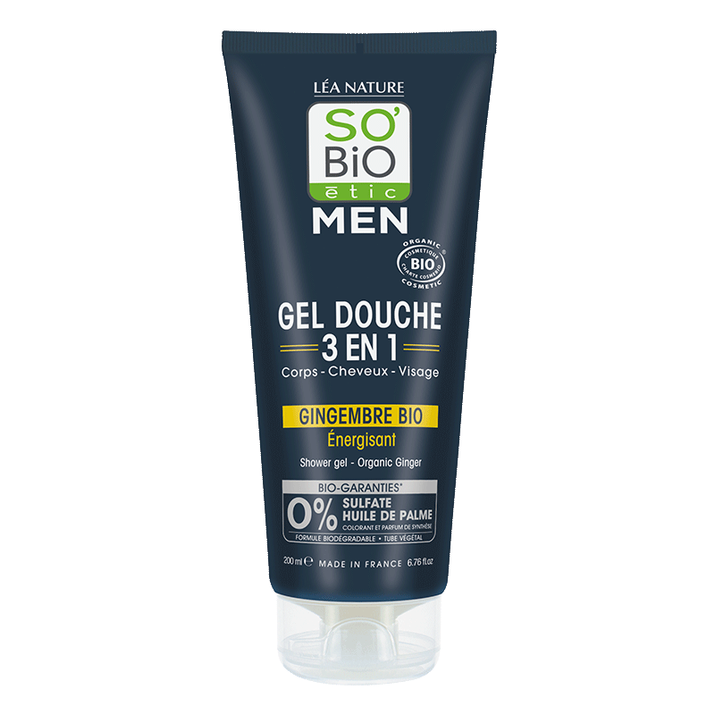 So Bio Etic men's 3-in-1 ginger shower gel, 200ml, suitable for body, hair, and face in a clear bottle.