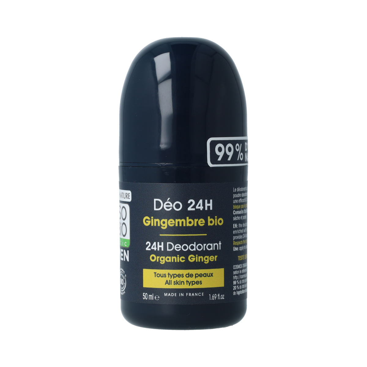 So Bio Etic 3-in-1 ginger deodorant for men in a 50ml bottle, natural antibacterial and fresh scent.