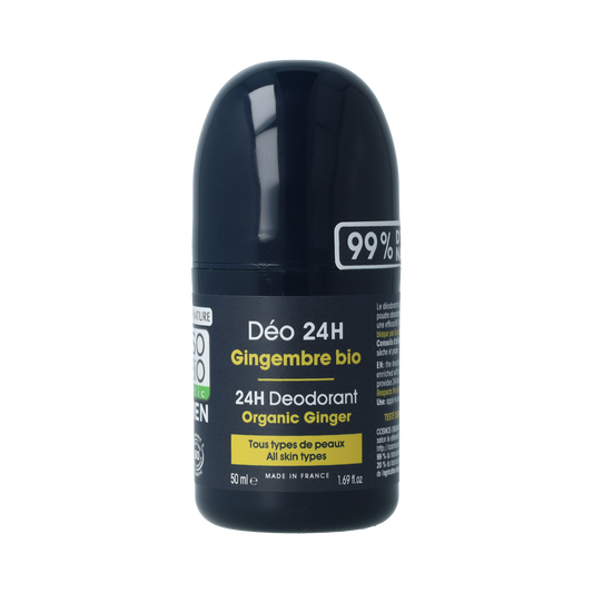 So Bio Etic 3-in-1 ginger deodorant for men in a 50ml bottle, natural antibacterial and fresh scent.
