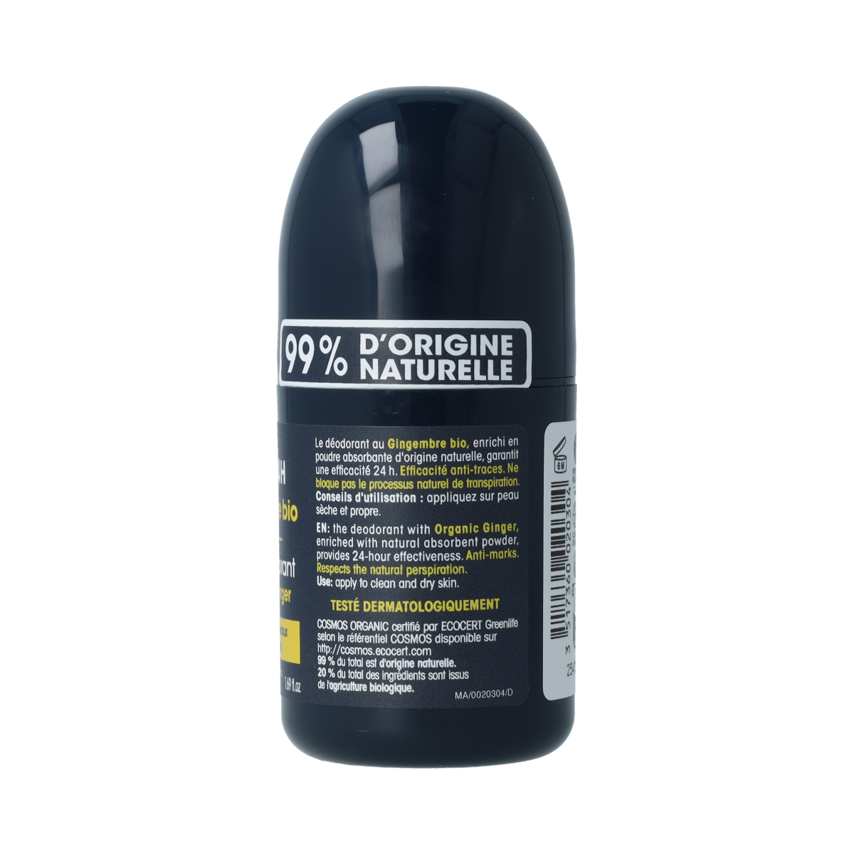 So Bio Etic men's 3-in-1 ginger deodorant spray 50ml, natural deodorant with fresh ginger scent in a compact bottle.