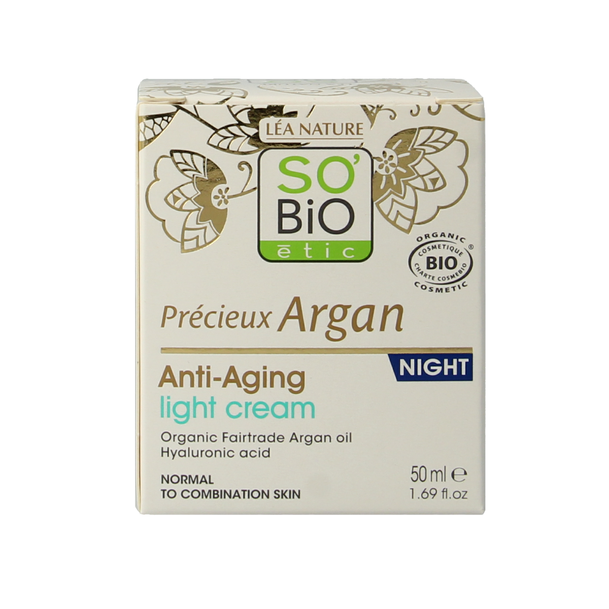 So Bio Etic anti-aging night fluid in 50ml bottle, facial skincare product with a sleek pump dispenser and natural design.