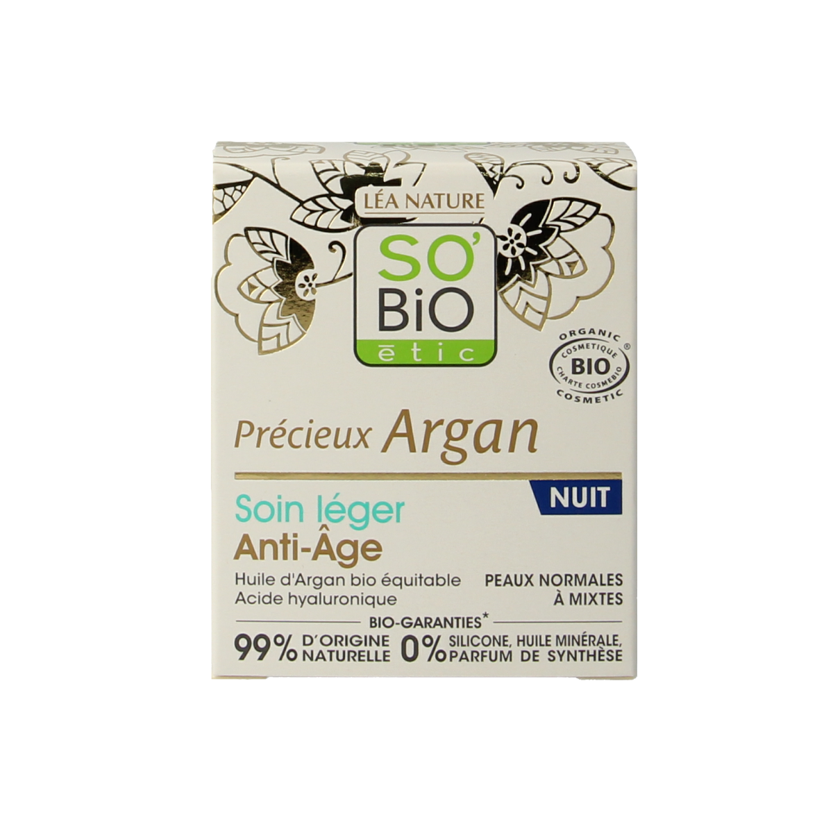 So Bio Etic anti-aging night fluid in 50ml for facial skincare, with a sleek bottle and natural ingredients visible in the image.