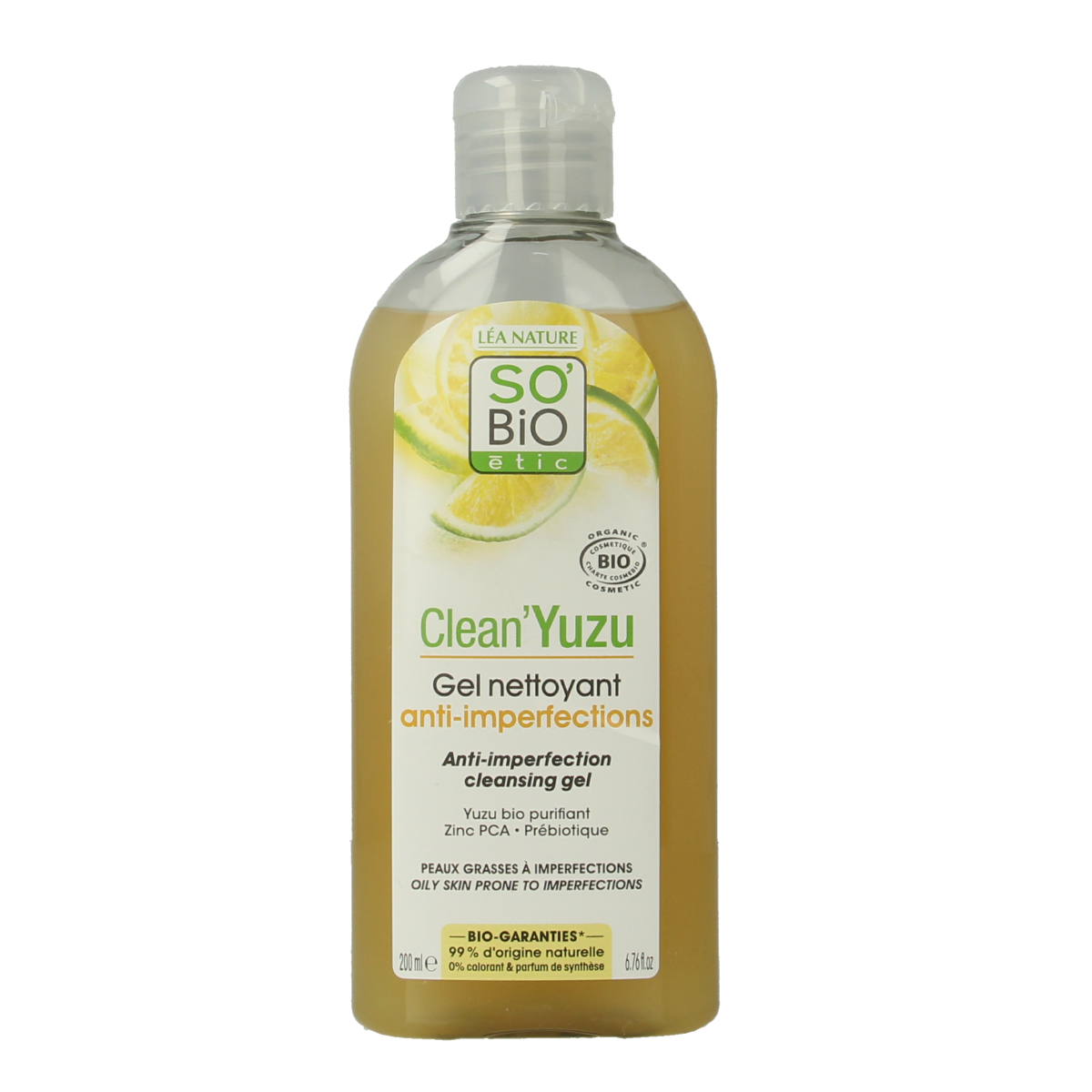 So Bio Etic Clean Yuzu cleansing gel in a 200ml bottle, facial skincare product with a clear gel texture and yuzu scent