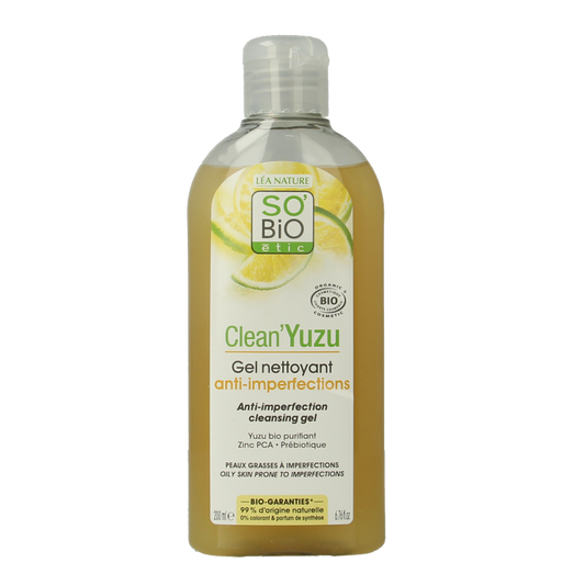 So Bio Etic Clean Yuzu cleansing gel in a 200ml bottle, facial skincare product with a clear gel texture and yuzu scent