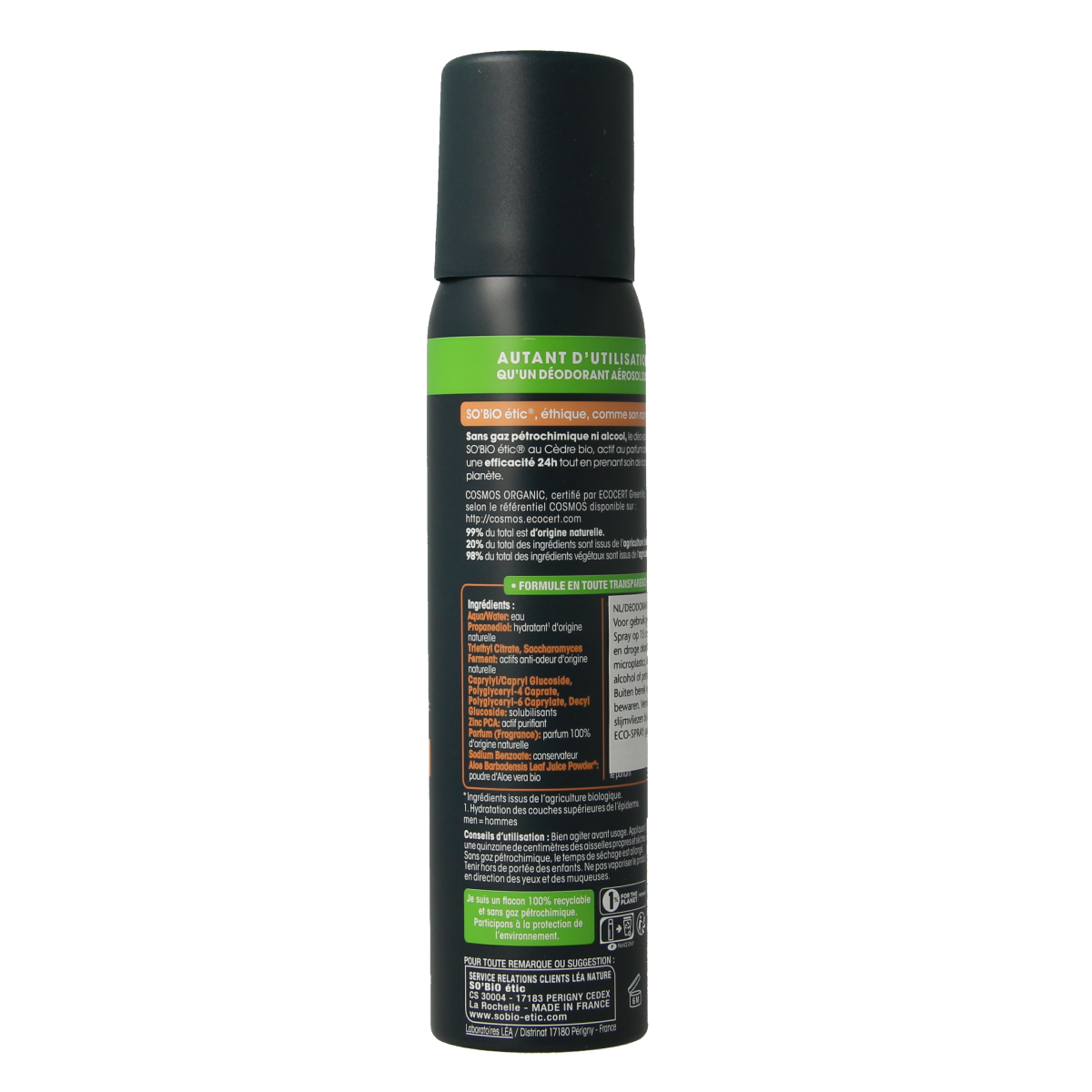 So Bio Etic men's cedar deodorant spray in 100ml bottle, natural and eco-friendly personal care product.