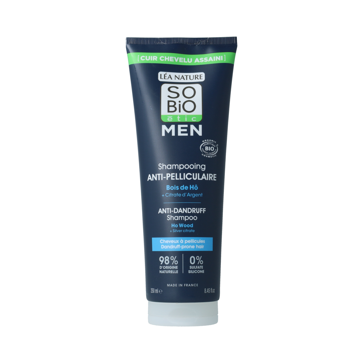 So Bio Etic For Men anti-dandruff shampoo bottle, 250ml, with natural ingredients, designed for men's hair care.