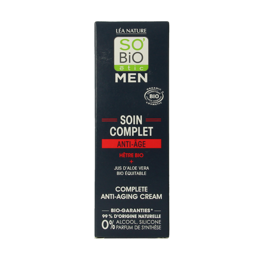 So Bio Etic men's anti-aging face cream in a 50ml jar, with natural ingredients and hydrating formula for mature skin.