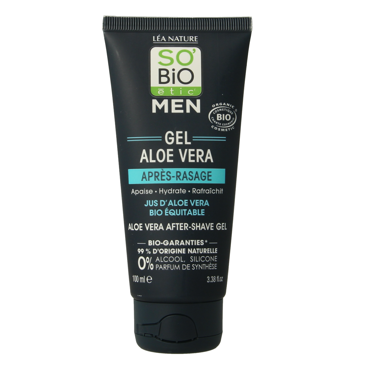 So Bio Etic men’s aftershave gel with aloe vera in a 100ml bottle, suitable for soothing and hydrating skin after shaving.