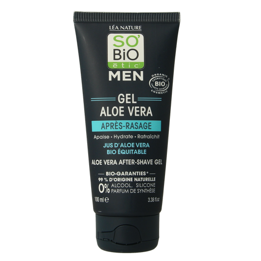 So Bio Etic men’s aftershave gel with aloe vera in a 100ml bottle, suitable for soothing and hydrating skin after shaving.