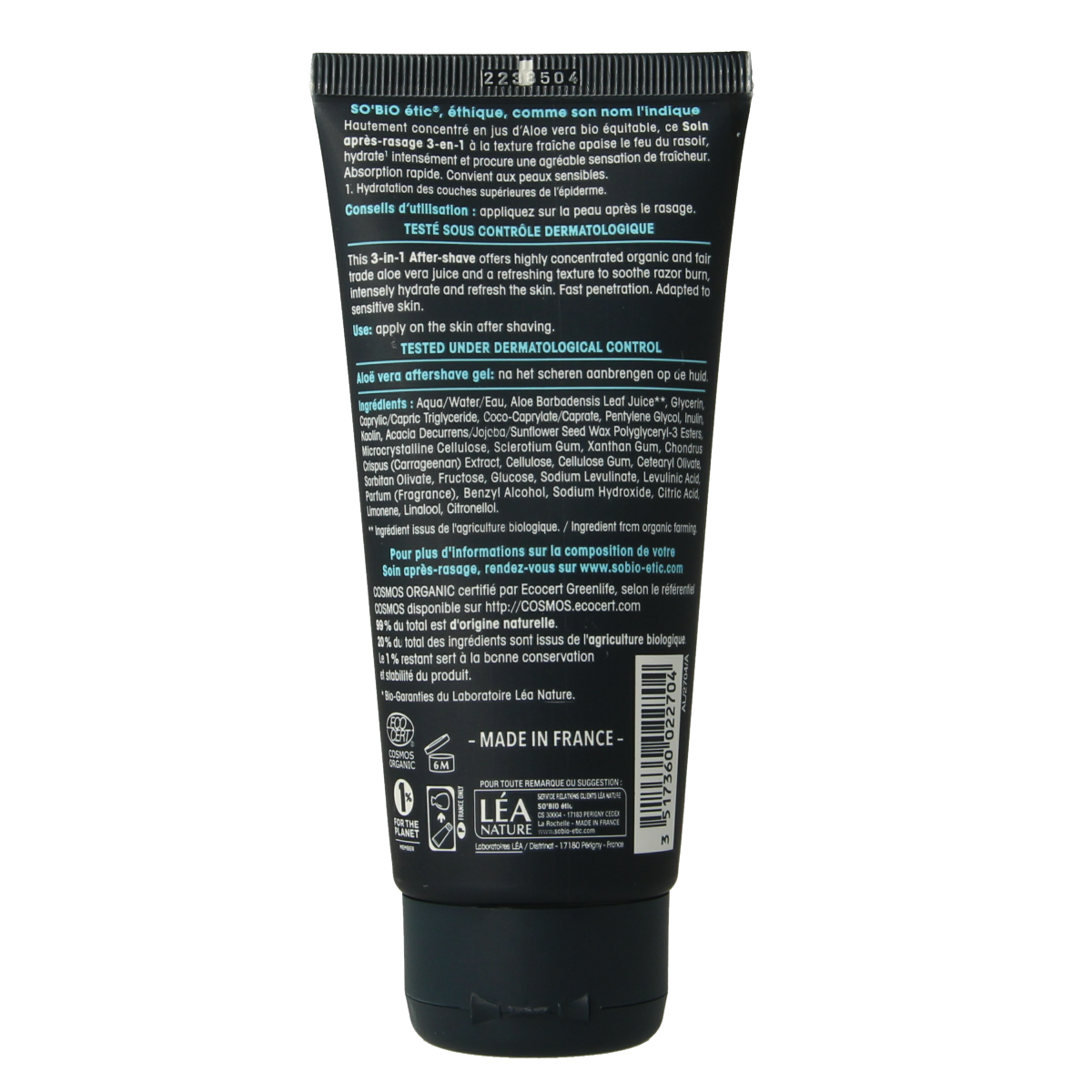 So Bio Etic men's aftershave gel with aloe vera in a 100ml tube, soothing and moisturizing for post-shaving skin.