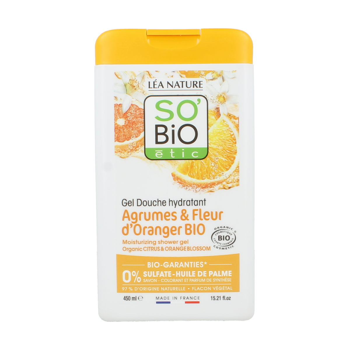 So Bio Etic shower gel with lemon, orange blossom scent in a 450ml bottle, featuring a clear pump dispenser and citrus-themed design.