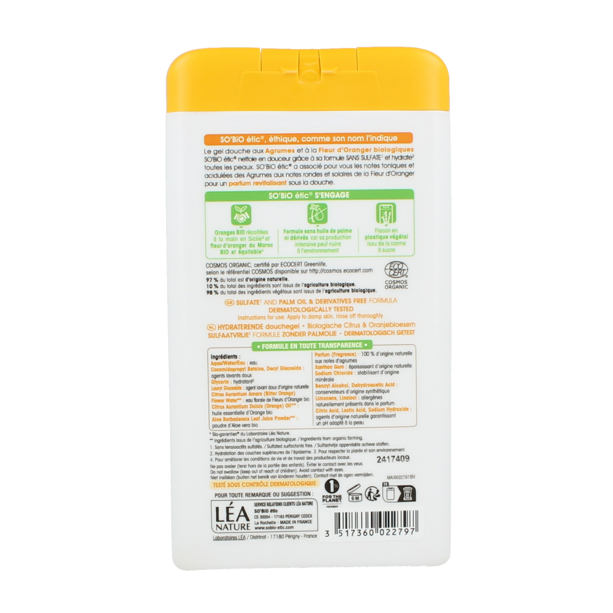 So Bio Etic citrus and orange blossom shower gel in 450ml bottle, showing the colorful packaging and floral accents.