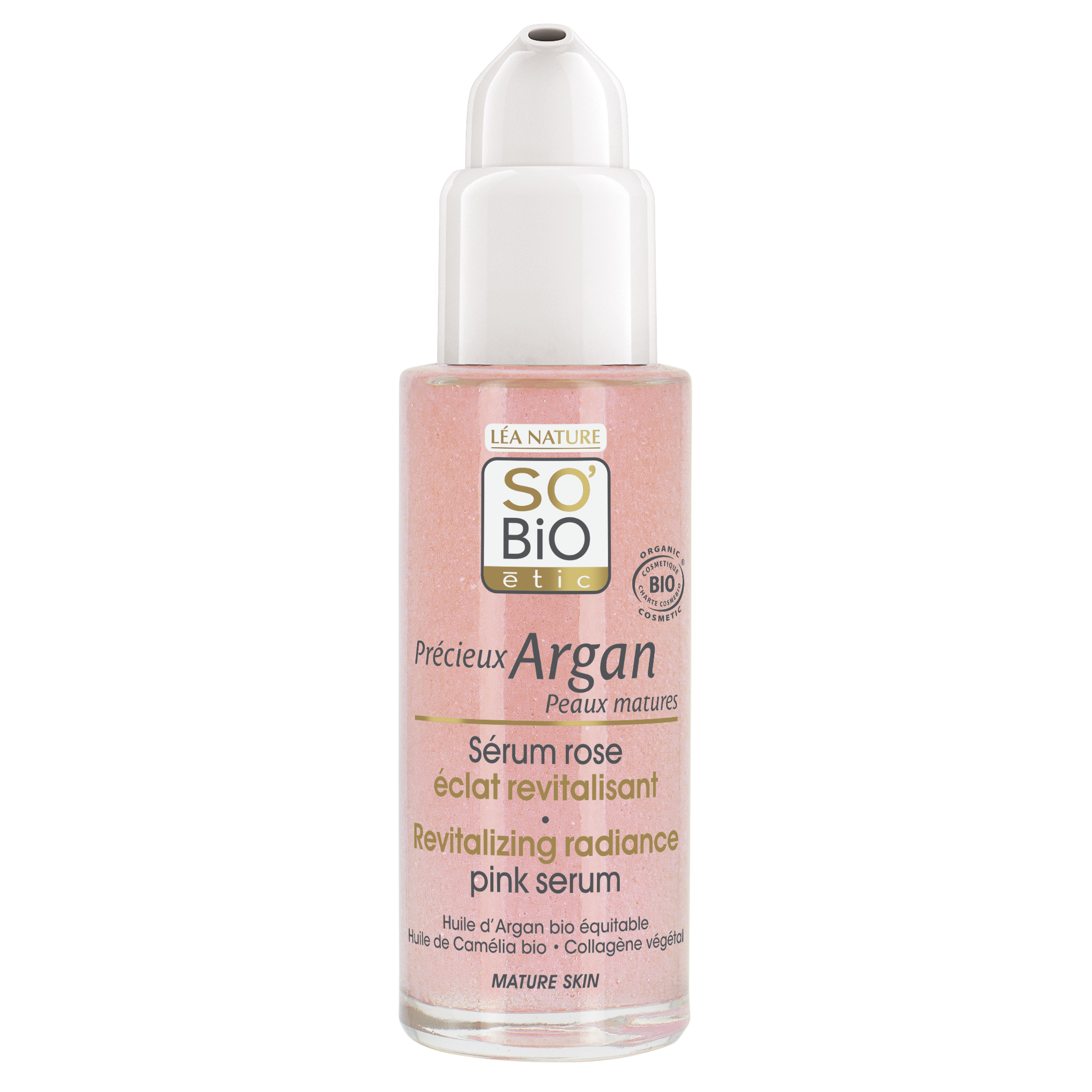 So Bio Etic revitalizing radiance serum in pink bottle, 30ml, facial skincare product with a sleek design and vibrant packaging.