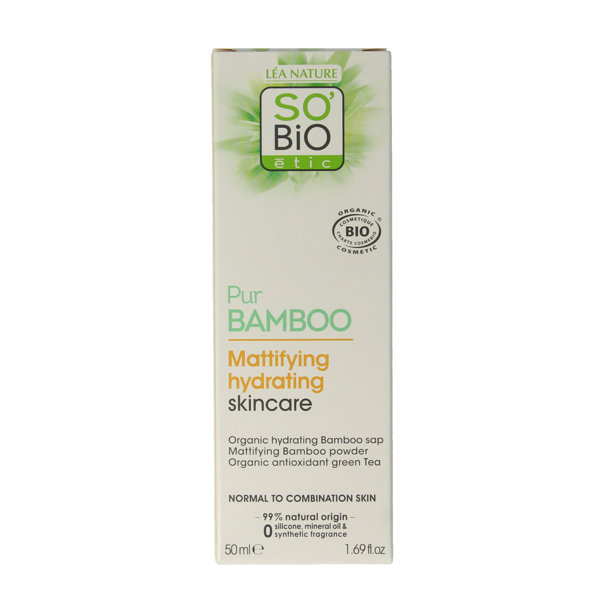 So Bio Etic Bamboo matte and hydrating facial cream in a 50ml jar, designed for moisturizing and oil control.