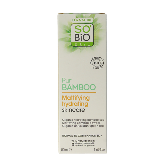 So Bio Etic Bamboo matte and hydrating facial cream in a 50ml jar, designed for moisturizing and oil control.