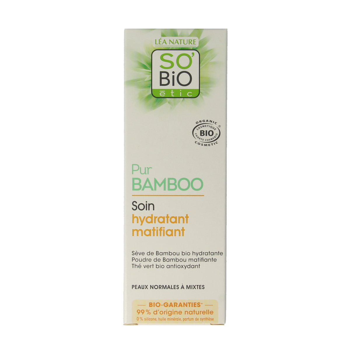 So Bio Etic Bamboo mattifying hydrating cream in 50ml jar, showcasing the product's packaging and creamy texture.