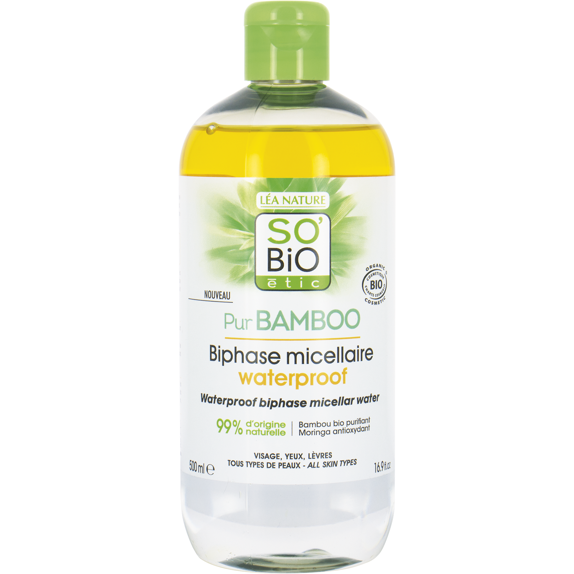 So Bio Etic Bamboo waterproof micellar water bottle for facial skincare, 500ml, with a clear label and pump dispenser.
