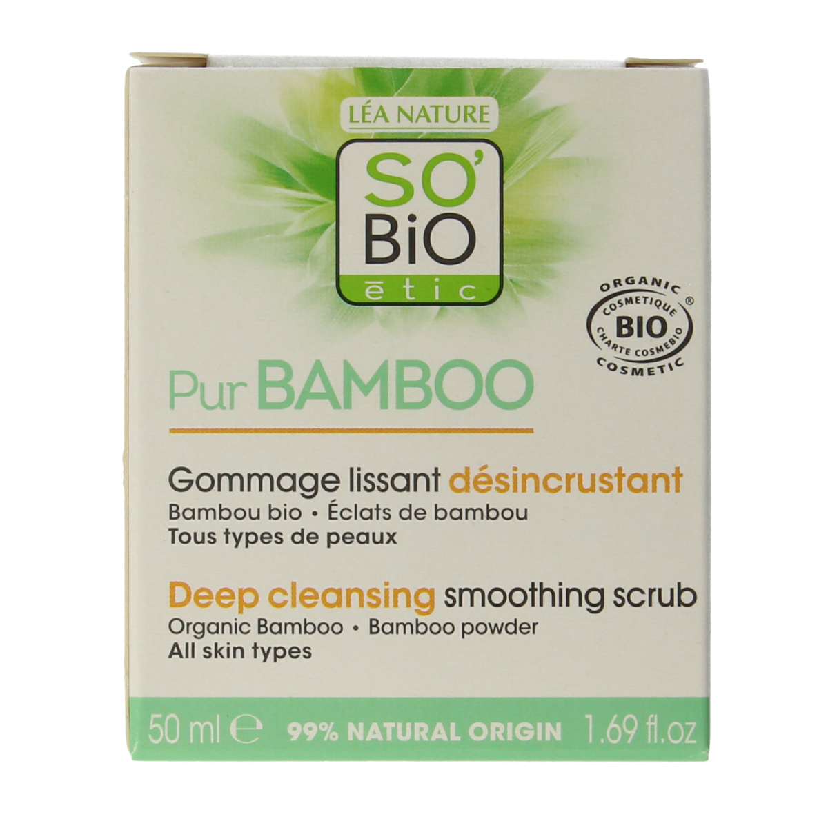 So Bio Etic bamboo deep cleansing smoothing scrub in a 50ml jar, natural facial skincare product for gentle exfoliation.